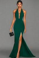 Load image into Gallery viewer, Dark Green Satin V-Neck Mermaid Long Formal Dress with Slit