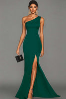 Load image into Gallery viewer, Dark Green Satin One Shoulder Mermaid Long Formal Dress with Slit