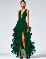 Load image into Gallery viewer, Black A Line Deep V-Neck Tiered Long Formal Dress with Slit