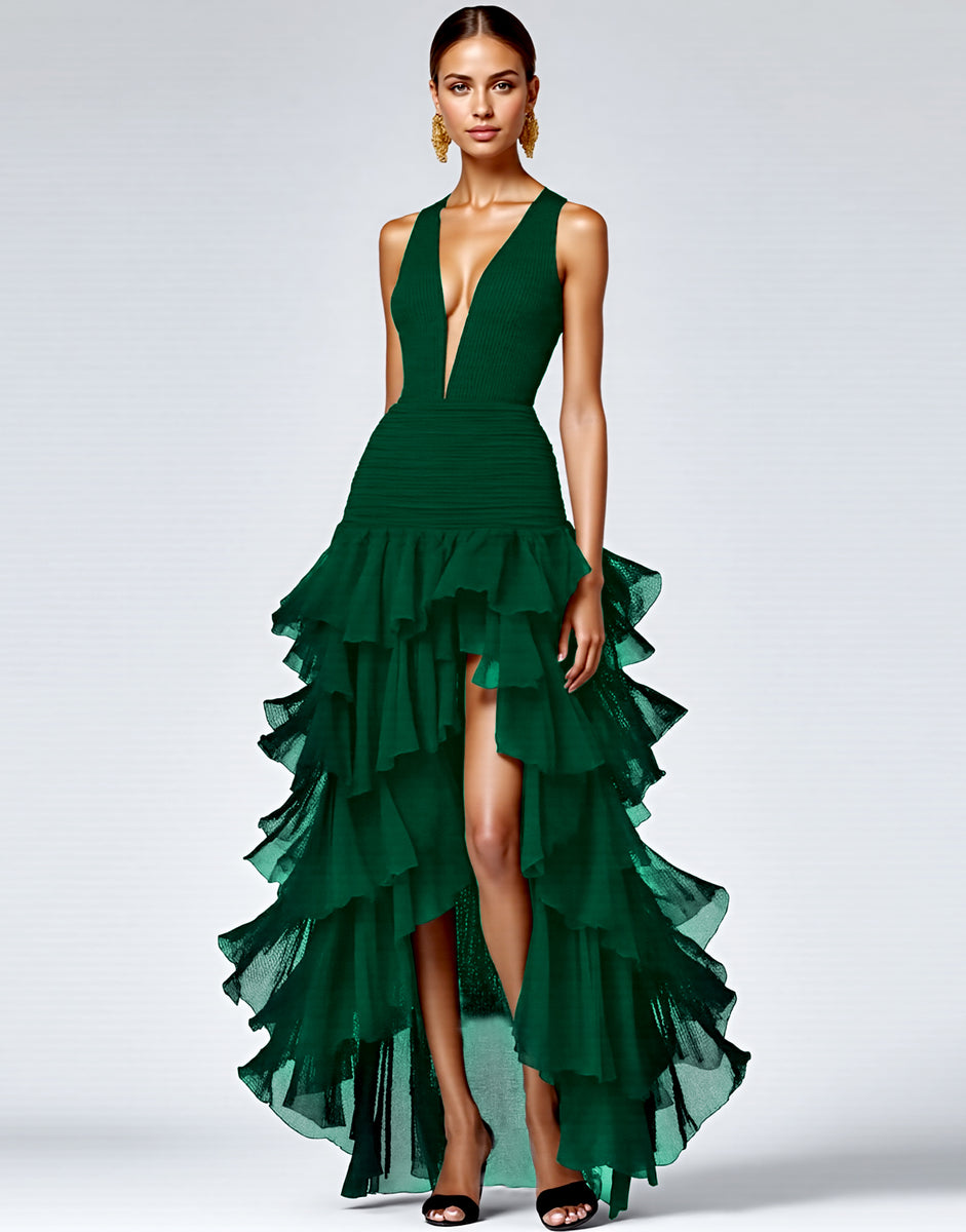 Load image into Gallery viewer, Black Ruffled Deep V-Neck A Line Long Formal Dress with Slit