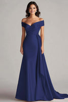 Load image into Gallery viewer, Champagne Off the Shoulder Mermaid Satin Long Formal Dress