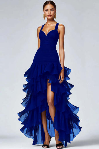 Black Organza Spaghetti Straps Ruffled Long Formal Dress