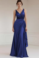 Load image into Gallery viewer, Grey Blue Sheath V-Neck Ruched Long Satin Formal Dress