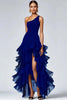 Load image into Gallery viewer, Black Organza One Shoulder High Low Formal Dress with Ruffles