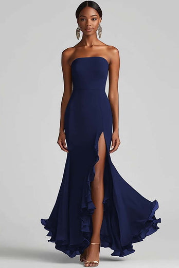 Royal Blue Strapless Sheath Long Chiffon Formal Dress with Slit