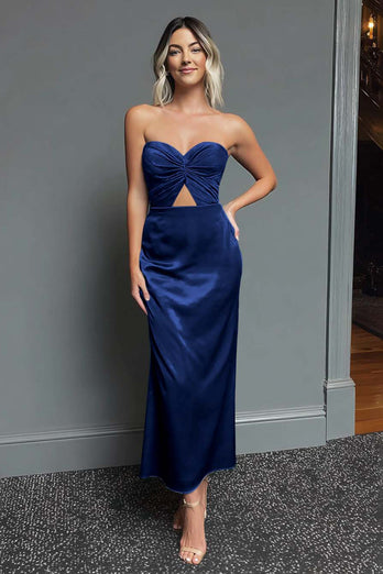 Dark Navy Satin Sweetheart Cut Out Sheath Long Formal Dress