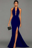 Load image into Gallery viewer, Dark Green Satin V-Neck Mermaid Long Formal Dress with Slit