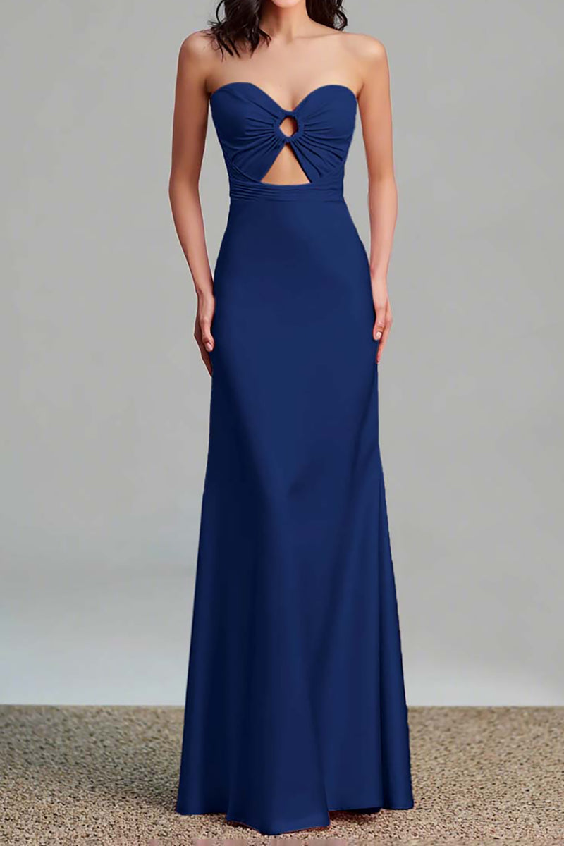 Load image into Gallery viewer, Pink Satin Sheath Ruched Strapless Long Formal Dress with Keyhole