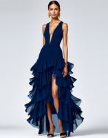 Load image into Gallery viewer, Black Ruffled Deep V-Neck A Line Long Formal Dress with Slit