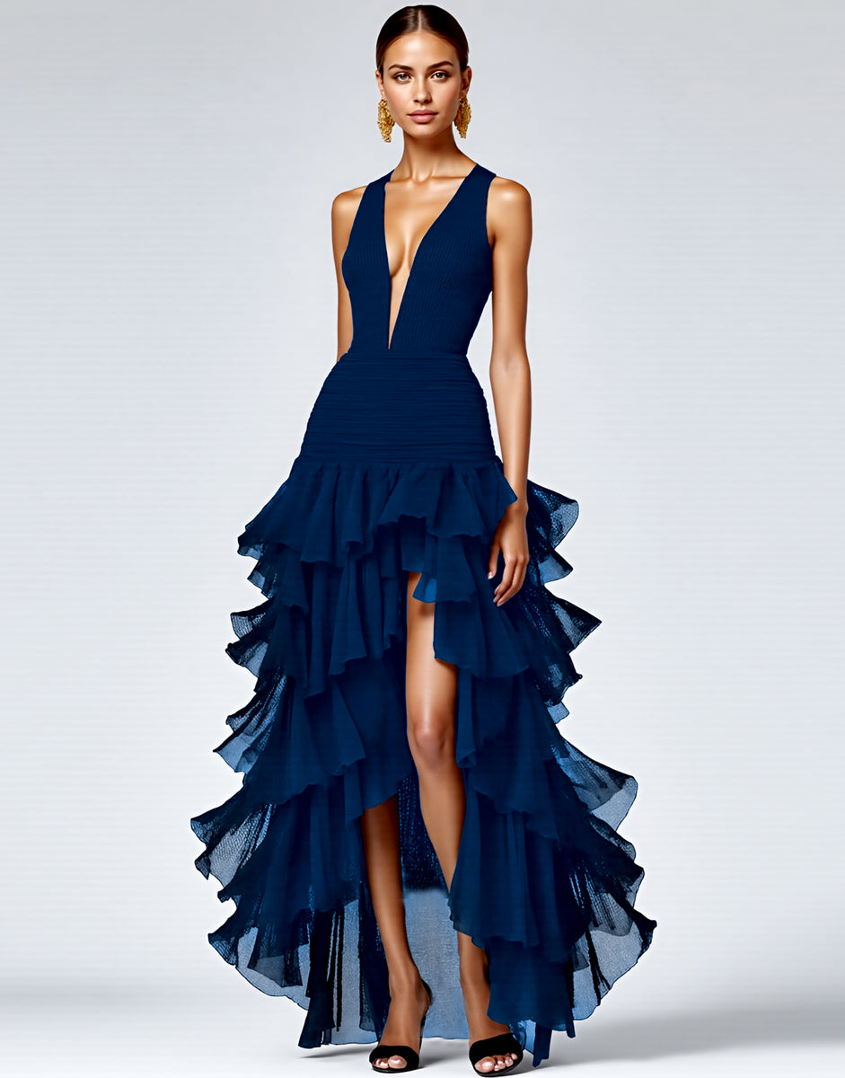 Load image into Gallery viewer, Black Ruffled Deep V-Neck A Line Long Formal Dress with Slit