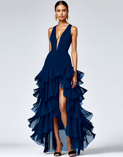 A Line Royal Blue Sleeveless V-Neck Tiered Long Formal Dress with Slit