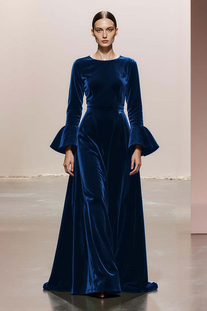 Load image into Gallery viewer, Dark Green Velvet A Line Round Neck Long Sleeves Formal Dress