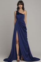 Load image into Gallery viewer, Black One Shoulder A Line Satin Long Formal Dress with Slit