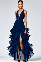Load image into Gallery viewer, Black Ruffled Deep V-Neck A Line Long Formal Dress with Slit