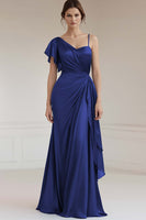 Load image into Gallery viewer, Grey Blue Sheath Satin Asymmetrical Long Formal Dress