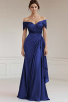 Load image into Gallery viewer, Grey Blue Off the Shoulder Sheath Satin Long Formal Dress