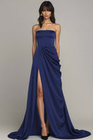 Load image into Gallery viewer, Black Strapless Satin A Line Long Formal Dress with Slit