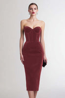 Load image into Gallery viewer, Burgundy Velvet Sweetheart Bodycon Midi Corset Holiday Party Dress