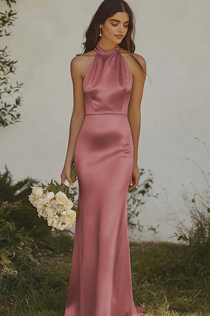 Load image into Gallery viewer, Dusty Rose Satin Halter Sheath Long Bridesmaid Dress