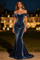 Load image into Gallery viewer, Black Velvet Mermaid Long Corset Holiday Party Dress