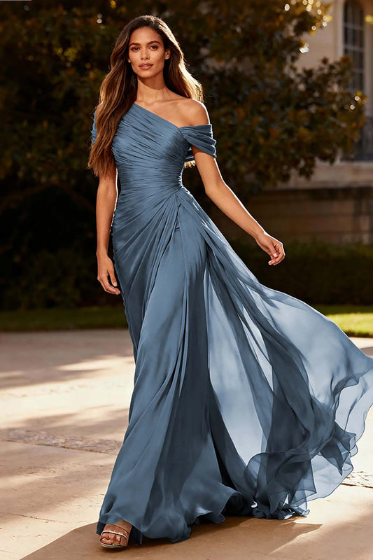 Load image into Gallery viewer, Plus Size Dusty Sage One Shoulder Ruched Long Chiffon Formal Dress with Side Cape