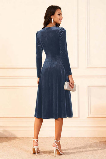 Glitter Dark Green Velvet A Line Midi Holiday Party Dress with Sleeves