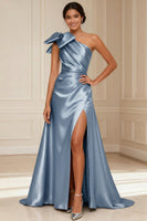 Load image into Gallery viewer, Silver Satin One Shoulder A Line Long Mother of the Bride Dress with Bow