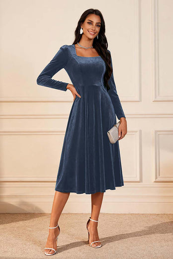 Glitter Dark Green Velvet A Line Midi Holiday Party Dress with Sleeves