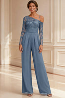 Load image into Gallery viewer, Sparkly Navy Beaded Asymmetrical Neck Long Mother of the Bride Jumpsuits with Lace