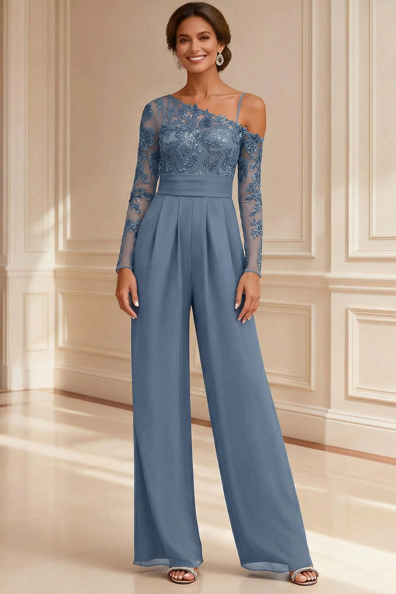 Load image into Gallery viewer, Sparkly Navy Beaded Asymmetrical Neck Long Mother of the Bride Jumpsuits with Lace