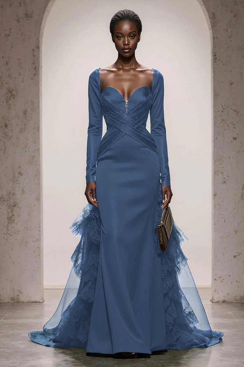 Load image into Gallery viewer, Dark Green Satin Mermaid Sweetheart Long Sleeves Formal Dress with Tulle