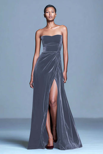 Burgundy Strapless Velvet Long Holiday Party Dress with Slit