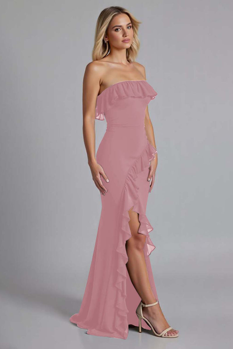 Load image into Gallery viewer, Chiffon Burgundy Ruffled Sheath Long Formal Dress with Slit