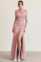 Load image into Gallery viewer, Queendancer Women Dusty Rose Sheath Long Formal Dress with Slit Sleeveless Ruched Prom Dress