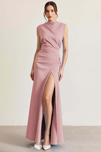 Queendancer Women Dusty Rose Sheath Long Formal Dress with Slit Sleeveless Ruched Prom Dress