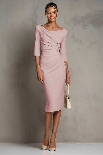 Simple Ivory Ruched Pencil Half Sleeves Midi Work Dress with Slit
