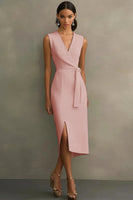 Load image into Gallery viewer, Red Bodycon Satin Tie Front Mid-Calf Work Dress with Slit