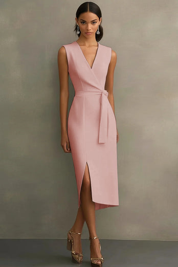 Red Bodycon Satin Tie Front Mid-Calf Work Dress with Slit