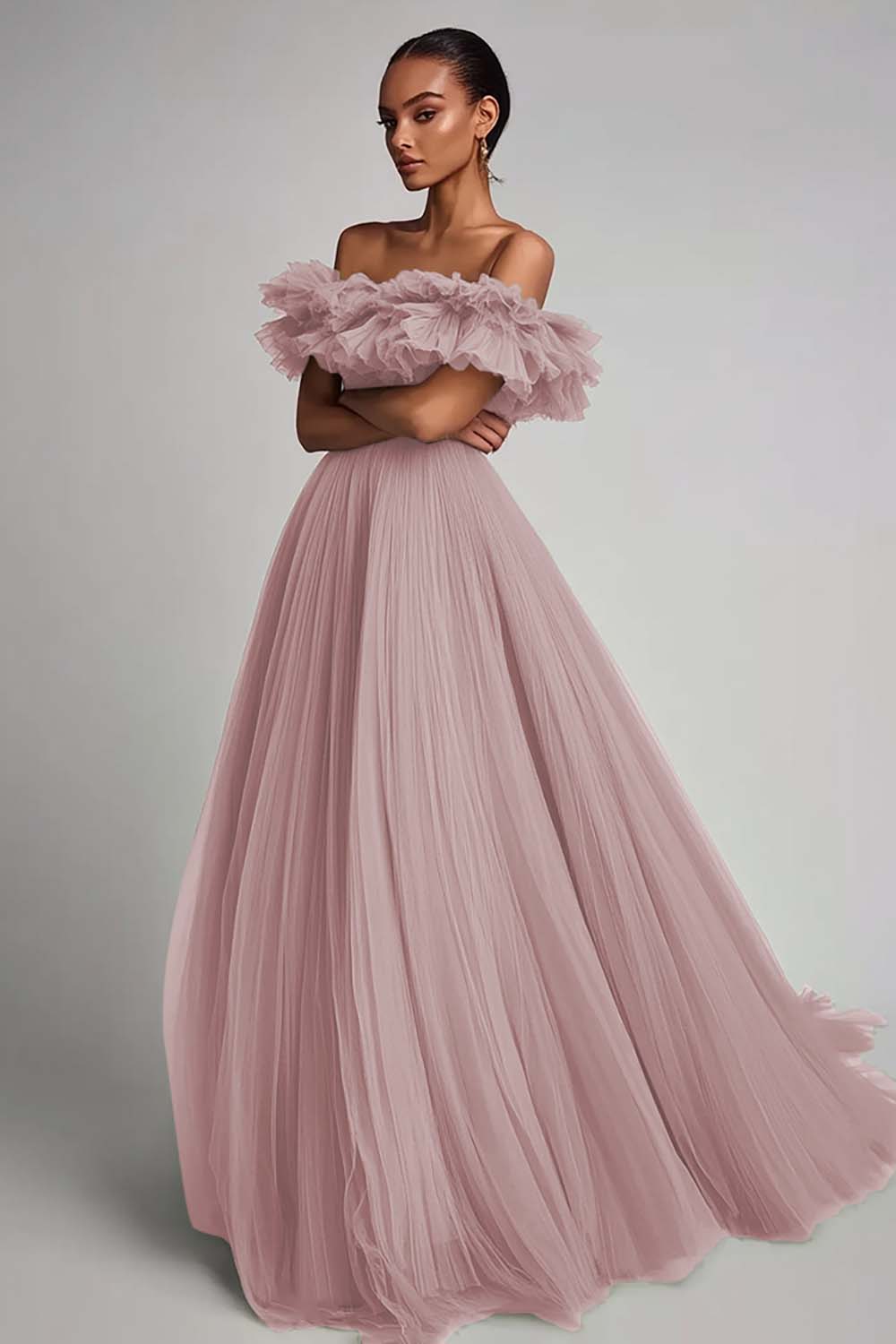 Dusty Rose A Line Tulle Ruffled Long Formal Dress