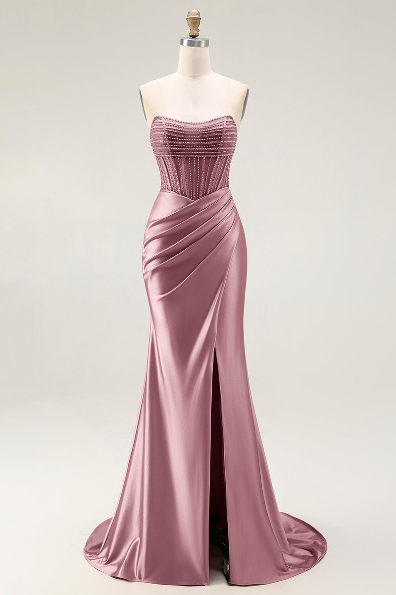 Load image into Gallery viewer, Sparkly Blush Strapless Ruched Mermaid Satin Long Prom Dress with Slit