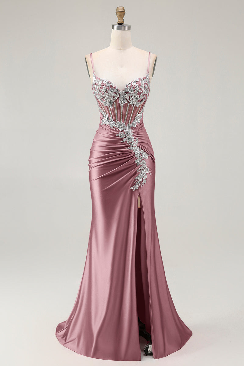 Load image into Gallery viewer, Sparkly Grey Pink Satin Mermaid Ruched Long Corset Prom Dress with Slit