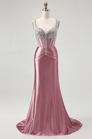Load image into Gallery viewer, Sparkly Blush Spaghetti Straps Satin Mermaid Beaded Long Corset Prom Dress