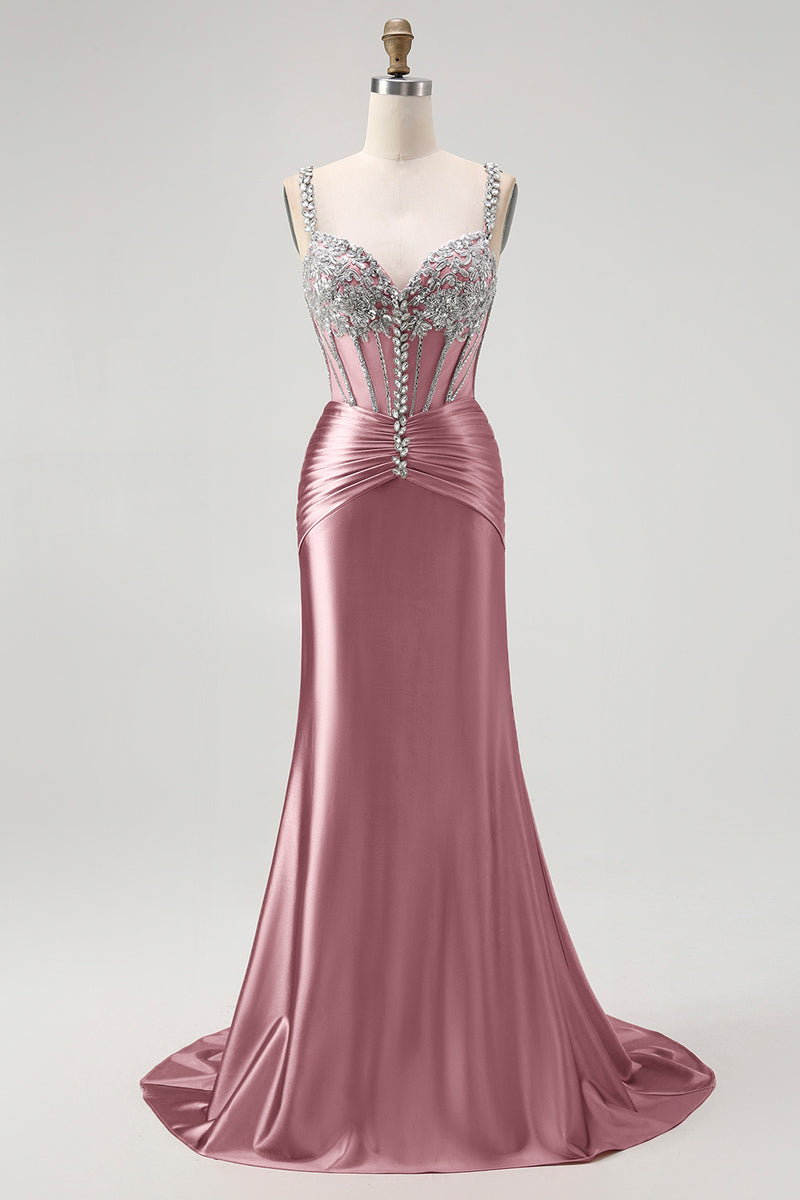 Load image into Gallery viewer, Sparkly Blush Spaghetti Straps Satin Mermaid Beaded Long Corset Prom Dress