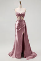 Load image into Gallery viewer, Sparkly Champagne Mermaid Spaghetti Straps Ruched Long Prom Dress with Beading