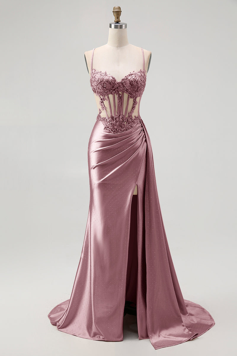 Load image into Gallery viewer, Sparkly Champagne Mermaid Spaghetti Straps Ruched Long Prom Dress with Beading