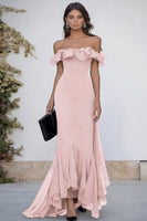 Load image into Gallery viewer, Black Chiffon Off the Shoulder Mermaid Long Formal Dress with Ruffles
