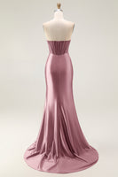 Load image into Gallery viewer, Sparkly Blush Strapless Ruched Mermaid Satin Long Prom Dress with Slit