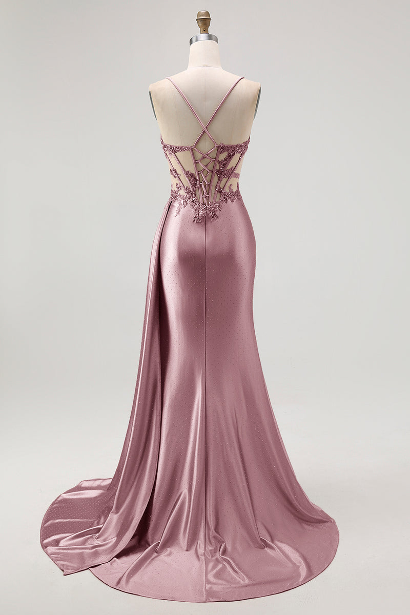 Load image into Gallery viewer, Sparkly Champagne Mermaid Spaghetti Straps Ruched Long Prom Dress with Beading
