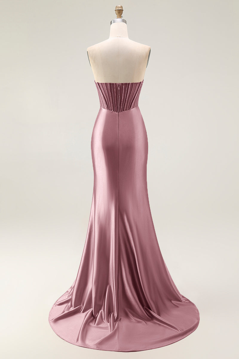 Load image into Gallery viewer, Sparkly Blush Strapless Ruched Mermaid Satin Long Prom Dress with Slit