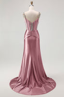 Load image into Gallery viewer, Sparkly Blush Spaghetti Straps Satin Mermaid Beaded Long Corset Prom Dress